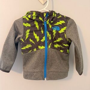 The North Face Gray Hoodie with Neon Green Lightning and Blue Zipper